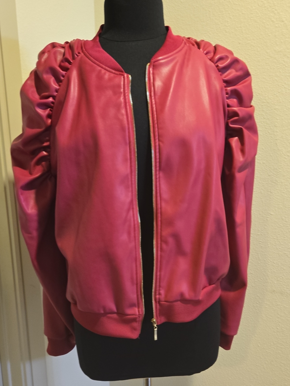 Ashley Stewart Rose Pink Ruffle-Sleeve Faux Leather Bomber